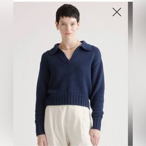 Quince 100% Organic Cotton Cropped Polo Sweater Navy Blue Size M